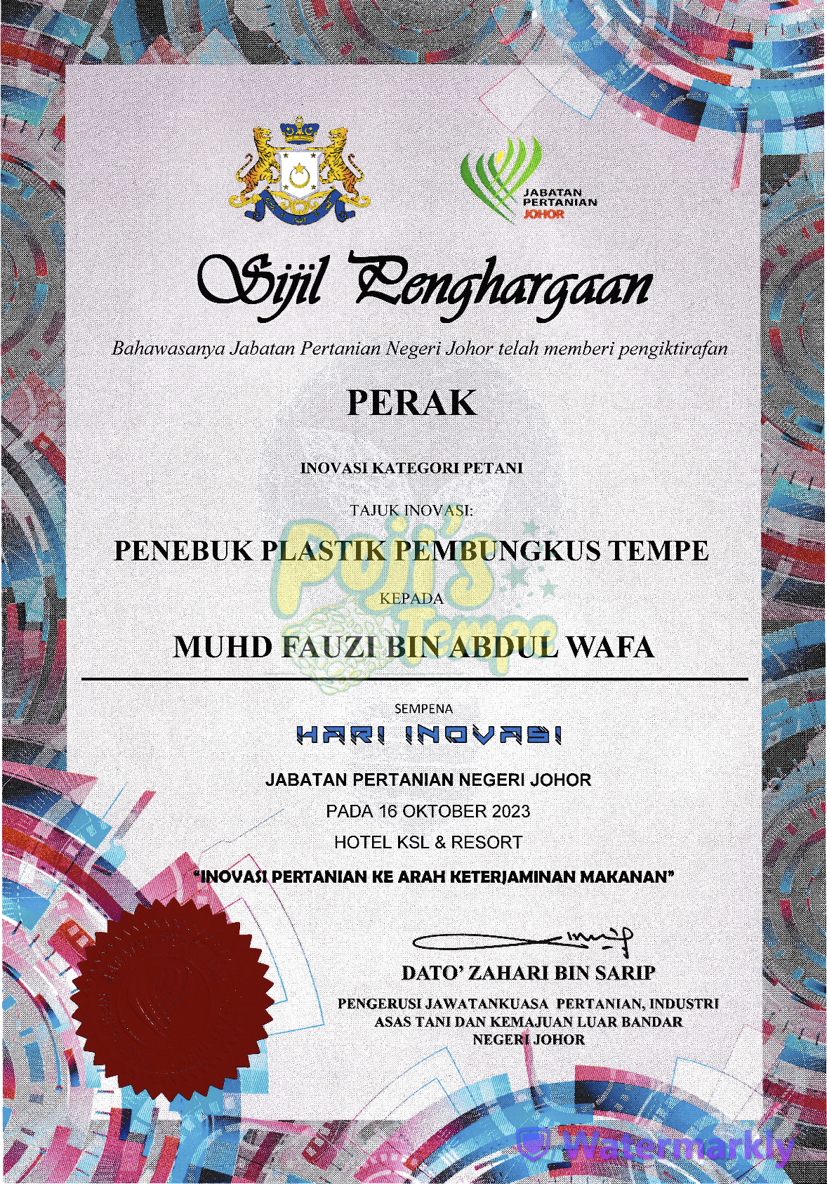 Salinan Pengiktirafan Perak Inovasi Poji’s Tempe