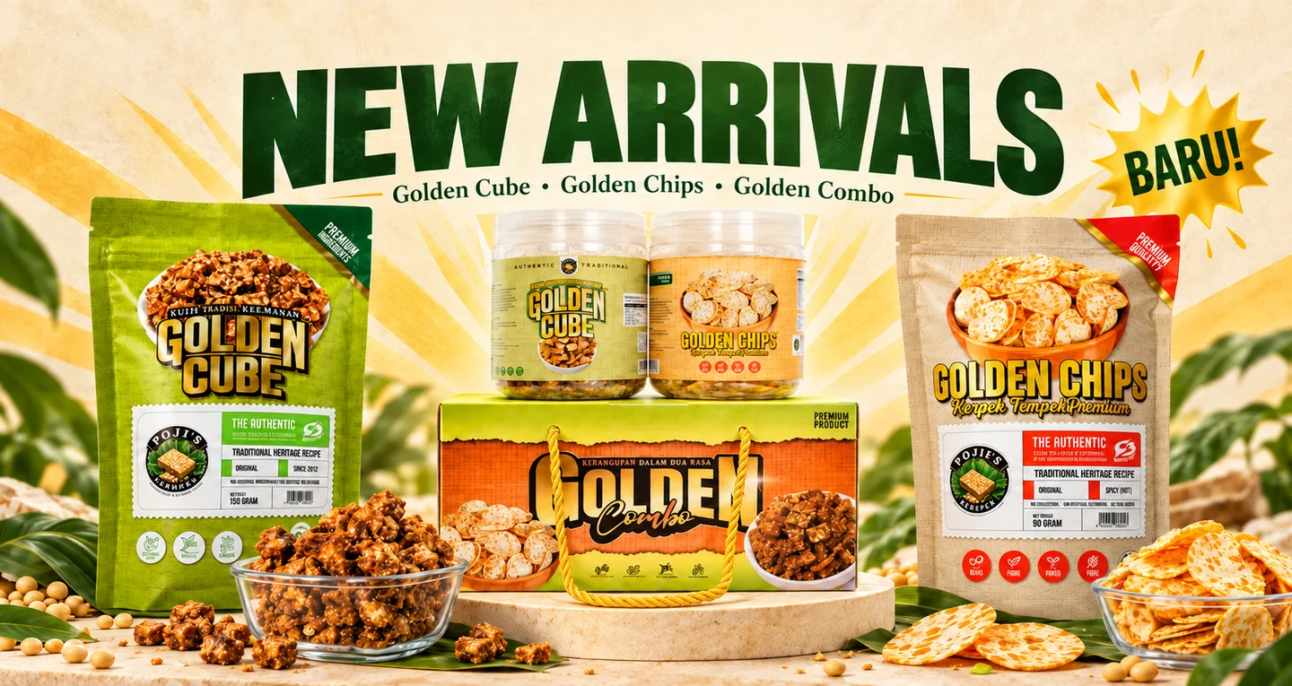 Produk baharu Poji’s Tempe: Golden Cube, Golden Chips dan Golden Combo disusun di tengah dengan tajuk New Arrivals