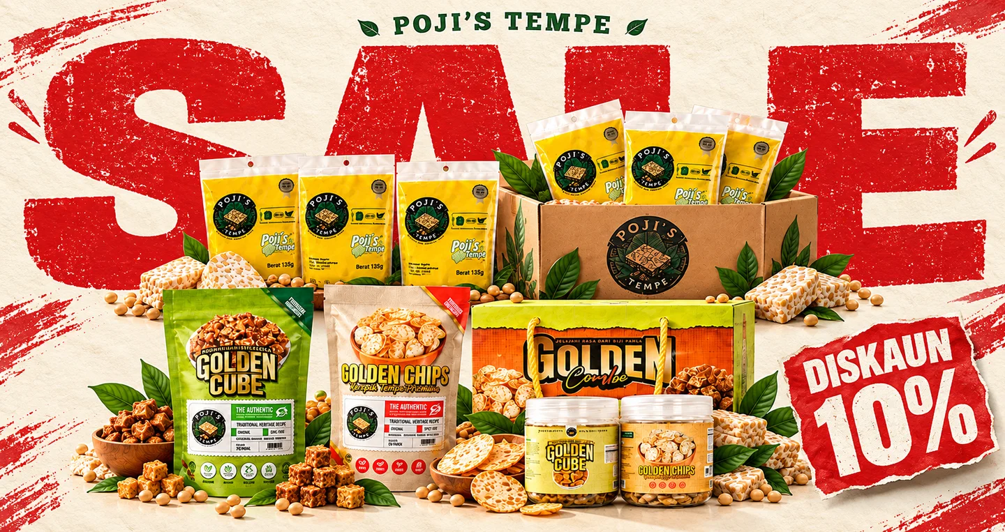 Poster SALE Poji’s Tempe dengan pakej tempe, Golden Cube, Golden Chips dan Golden Combo disusun di tengah serta lencana Diskaun 10%