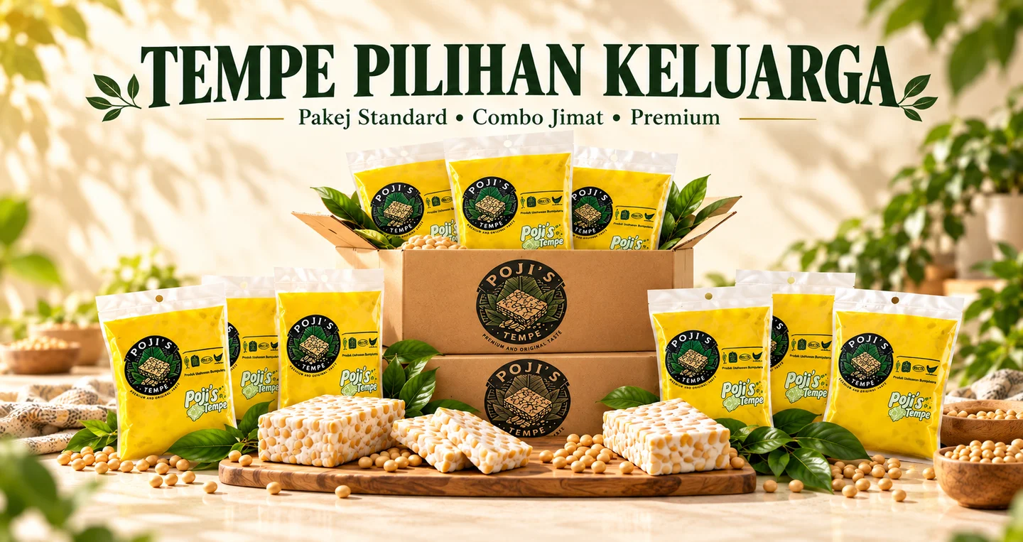 Tempe pilihan keluarga: pek kuning Poji’s Tempe, kotak pakej dan tempe segar dengan pilihan Standard, Combo Jimat dan Premium