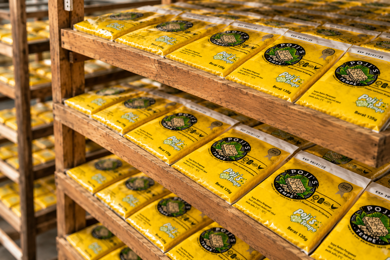 Pek Poji’s Tempe tersusun di atas rak kayu dalam ruang pengeluaran